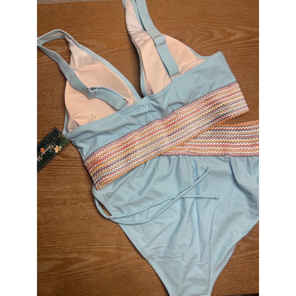 Blooming Jelly Womens High Waisted Bikini Set V Neck Tummy Control Blue Boho NEW - Picture 3 of 3